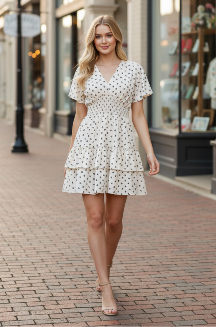 MINI BOW PRINT WAIST SMOCKING TIERED MINI DRESS-SKSY8838