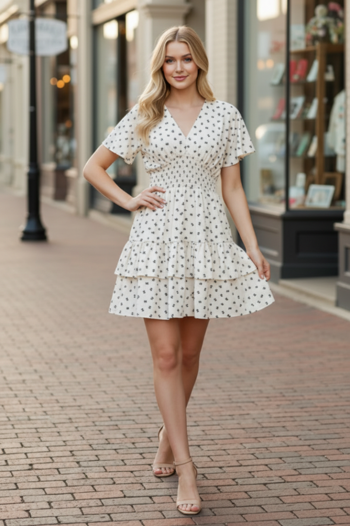 MINI BOW PRINT WAIST SMOCKING TIERED MINI DRESS-SKSY8838