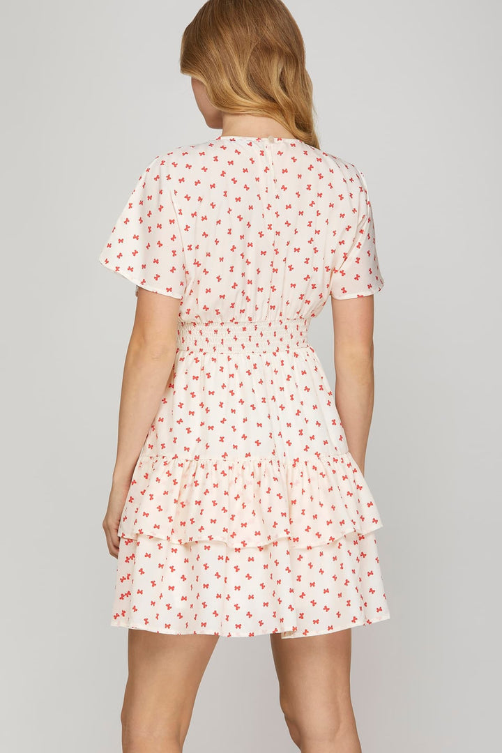 MINI BOW PRINT WAIST SMOCKING TIERED MINI DRESS-SKSY8838