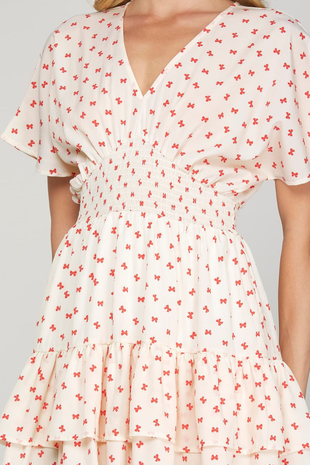 MINI BOW PRINT WAIST SMOCKING TIERED MINI DRESS-SKSY8838