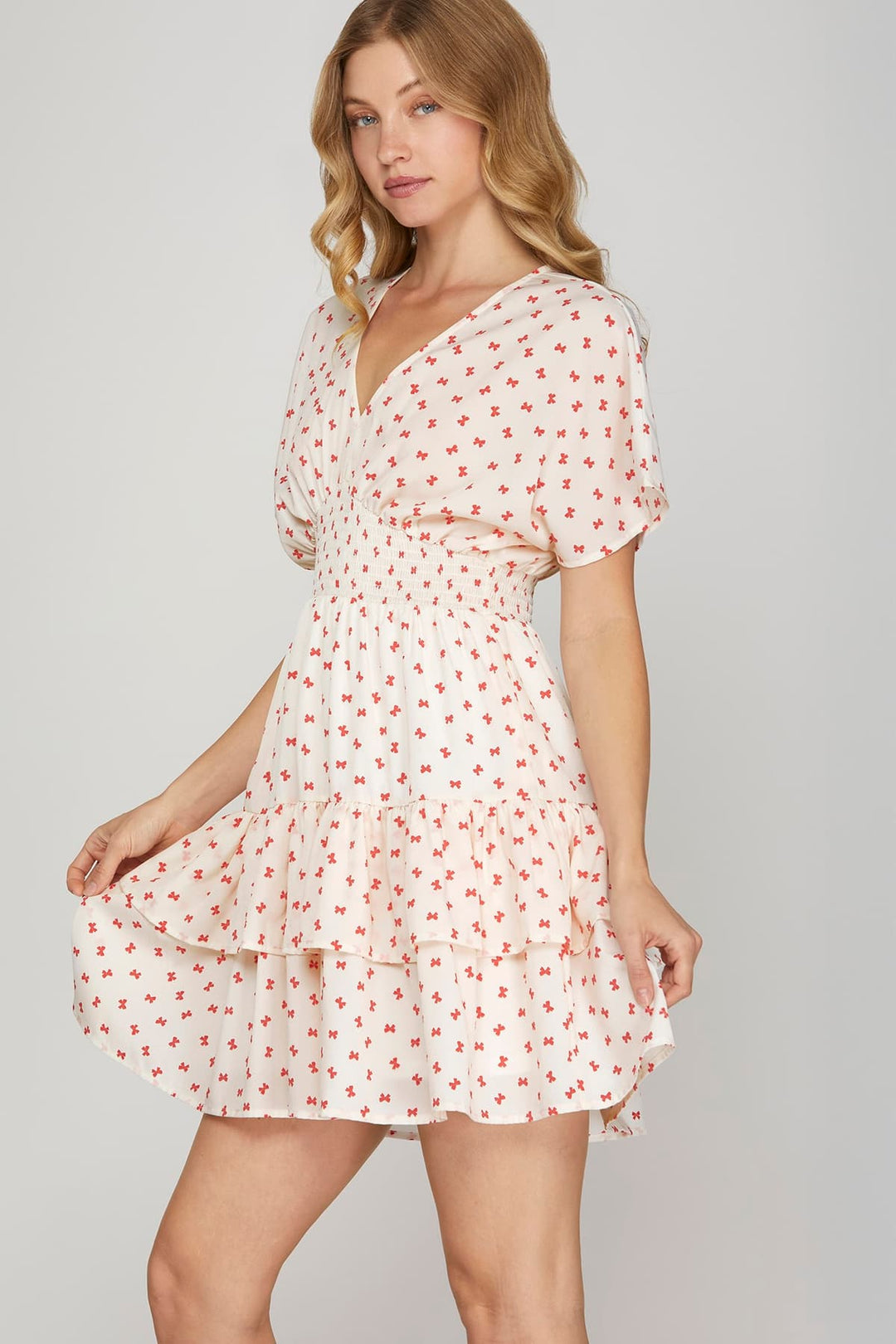 MINI BOW PRINT WAIST SMOCKING TIERED MINI DRESS-SKSY8838