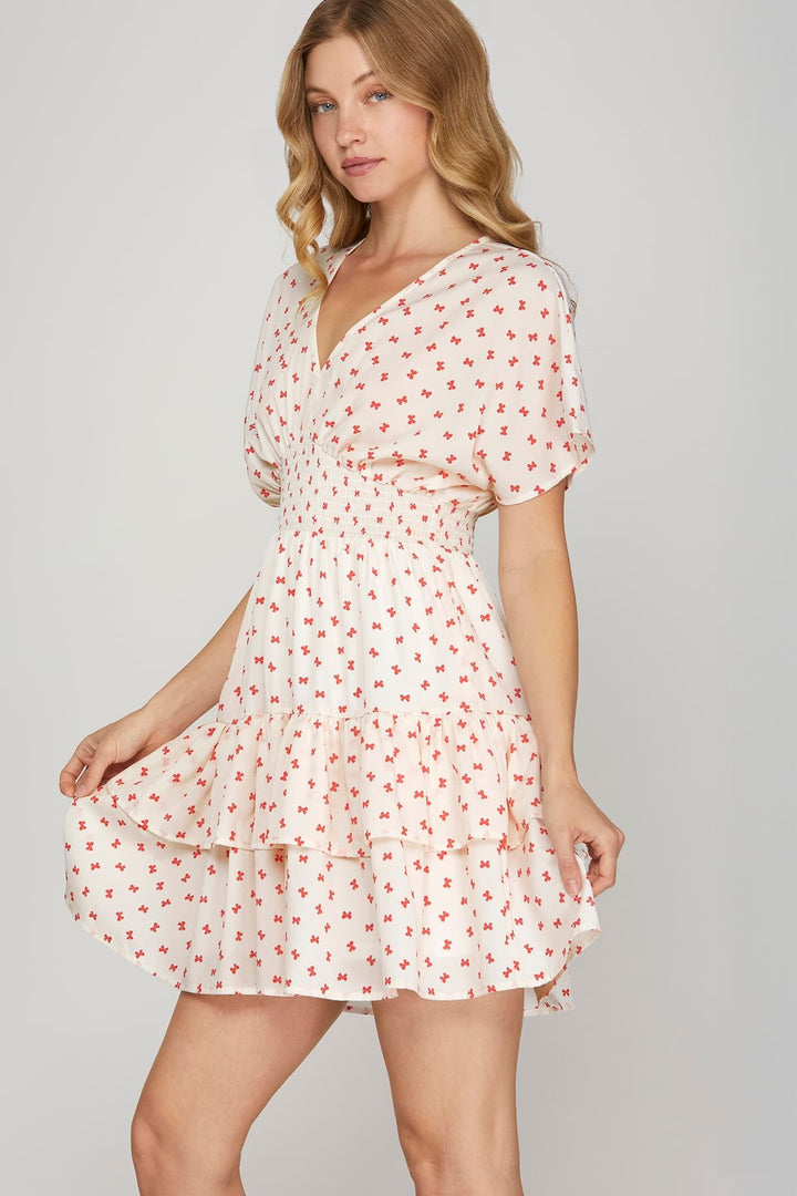 MINI BOW PRINT WAIST SMOCKING TIERED MINI DRESS-SKSY8838