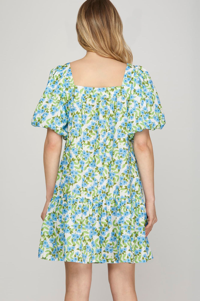 PUFF SLEEVE FRONT BOW TIE FLORAL PRINT WOVEN MINI DRESS-SKSY9016