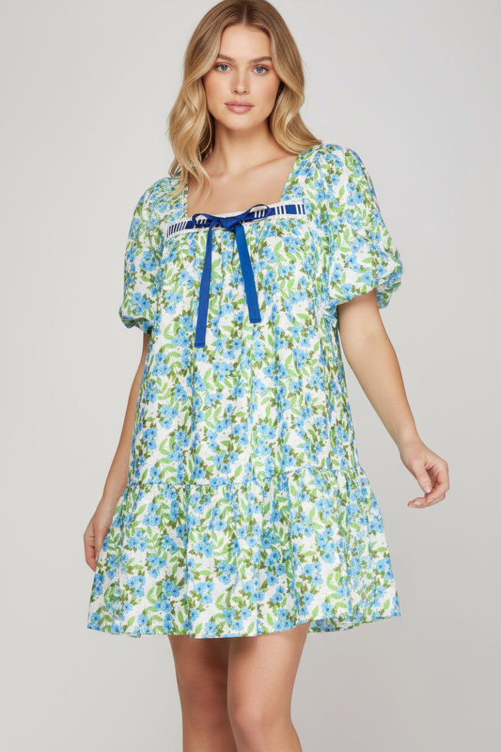 PUFF SLEEVE FRONT BOW TIE FLORAL PRINT WOVEN MINI DRESS-SKSY9016