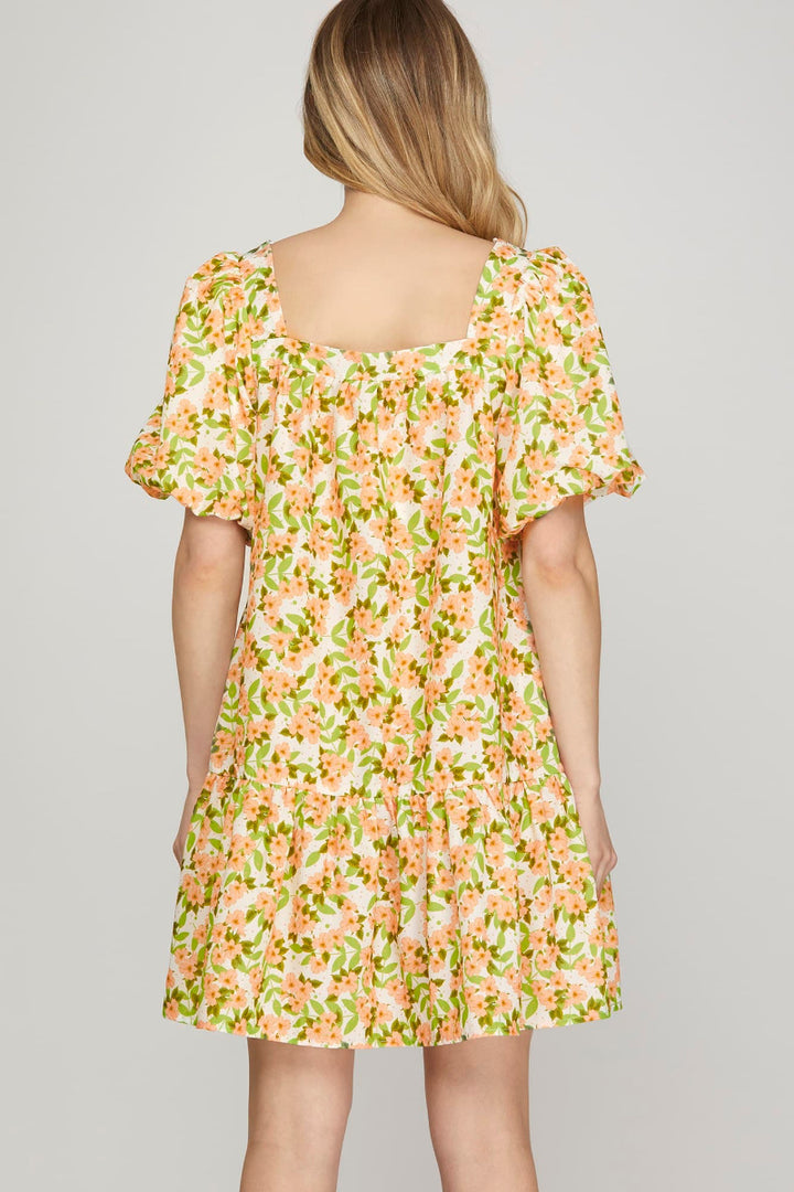 PUFF SLEEVE FRONT BOW TIE FLORAL PRINT WOVEN MINI DRESS-SKSY9016