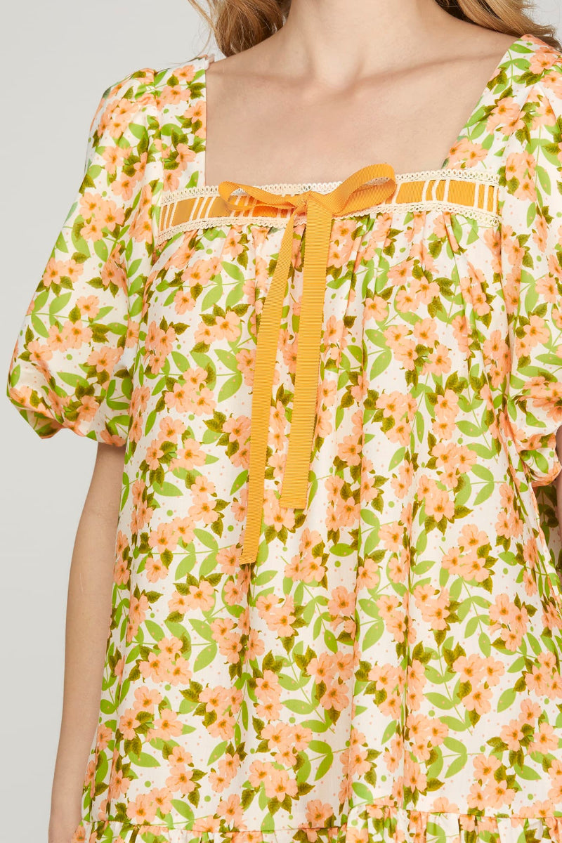 PUFF SLEEVE FRONT BOW TIE FLORAL PRINT WOVEN MINI DRESS-SKSY9016