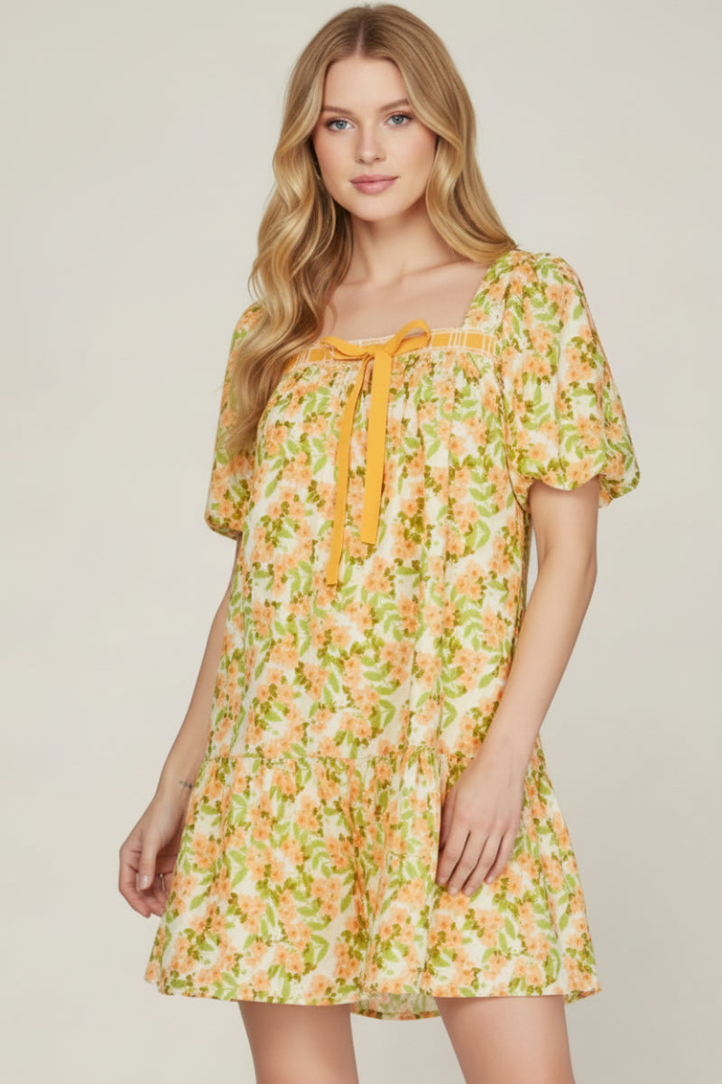 PUFF SLEEVE FRONT BOW TIE FLORAL PRINT WOVEN MINI DRESS-SKSY9016