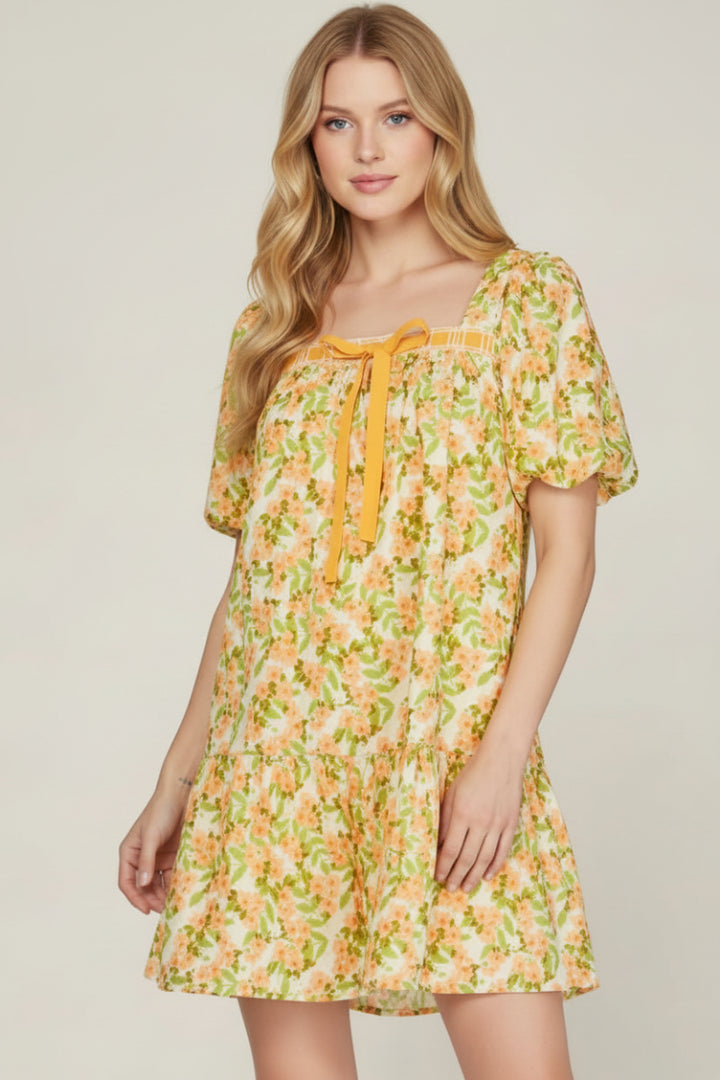 PUFF SLEEVE FRONT BOW TIE FLORAL PRINT WOVEN MINI DRESS-SKSY9016