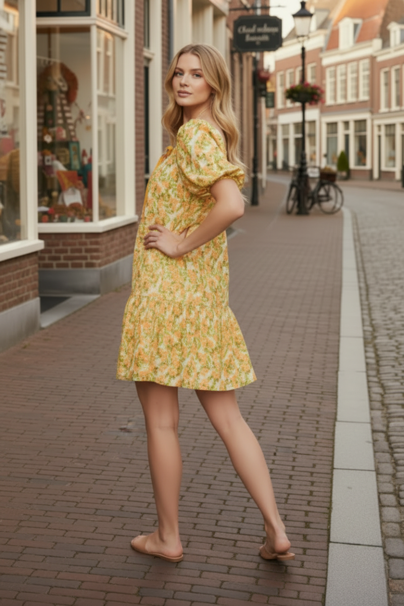 PUFF SLEEVE FRONT BOW TIE FLORAL PRINT WOVEN MINI DRESS-SKSY9016