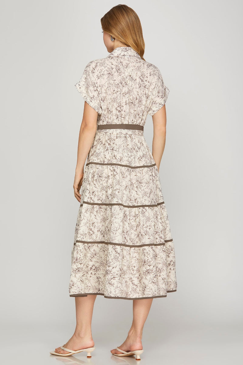 COLLARED BUTTON UP WAIST TIED MIDI DRESS-SKSY9086 *