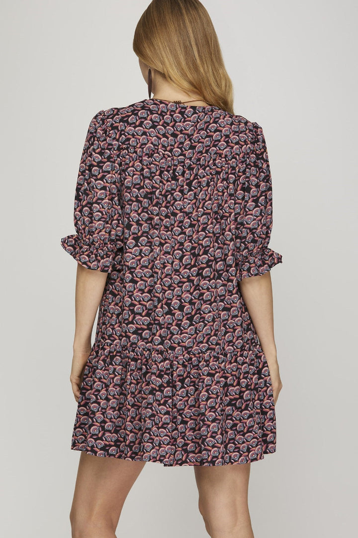 PUFF SLEEVE V-NECK WITH POCKET MINI DRESS SKSY9147