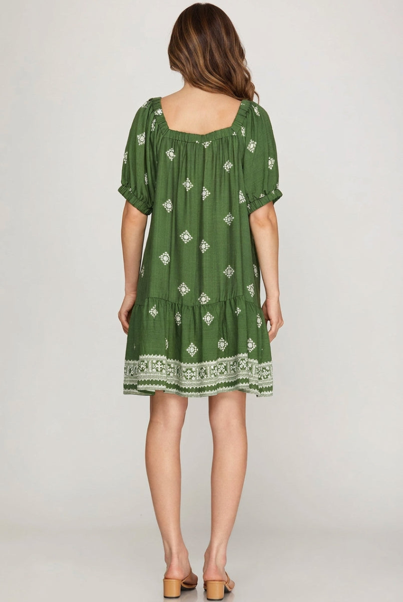 SHORT SLEEVE SQUARE NECK BORDER PRINTED MINI DRESS-SKSY9185