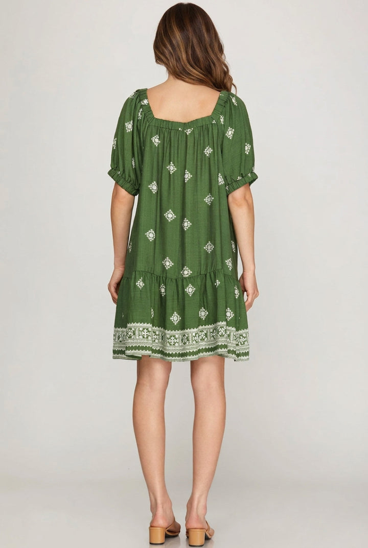 SHORT SLEEVE SQUARE NECK BORDER PRINTED MINI DRESS-SKSY9185