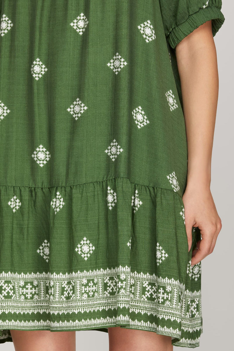 SHORT SLEEVE SQUARE NECK BORDER PRINTED MINI DRESS-SKSY9185
