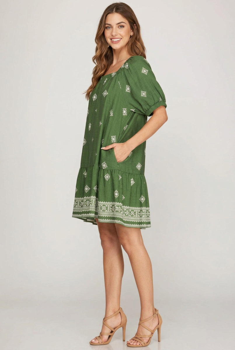 SHORT SLEEVE SQUARE NECK BORDER PRINTED MINI DRESS-SKSY9185
