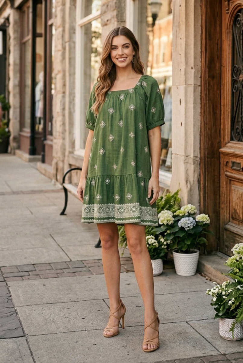 SHORT SLEEVE SQUARE NECK BORDER PRINTED MINI DRESS-SKSY9185
