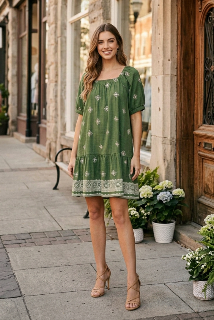 SHORT SLEEVE SQUARE NECK BORDER PRINTED MINI DRESS-SKSY9185