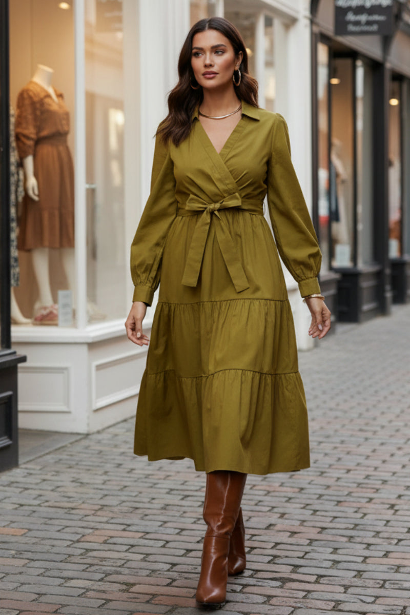 SURPLICE TIERED WITH POCKET MIDI DRESS SKSY9286