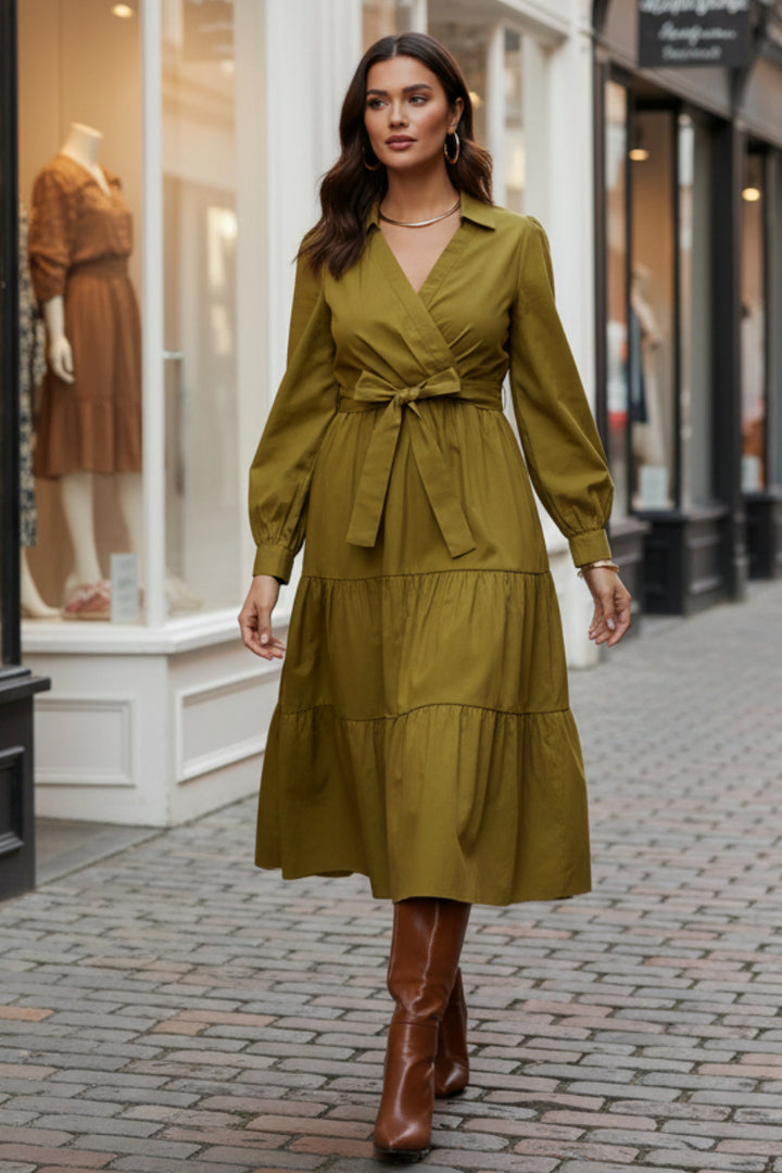 SURPLICE TIERED WITH POCKET MIDI DRESS SKSY9286