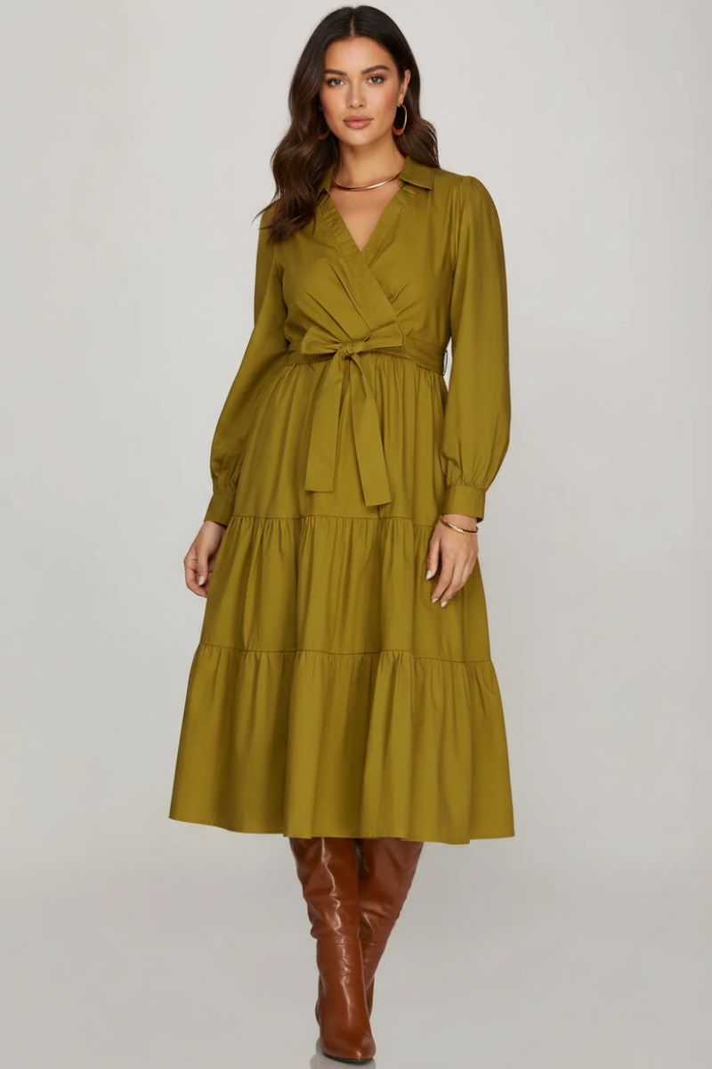 SURPLICE TIERED WITH POCKET MIDI DRESS SKSY9286
