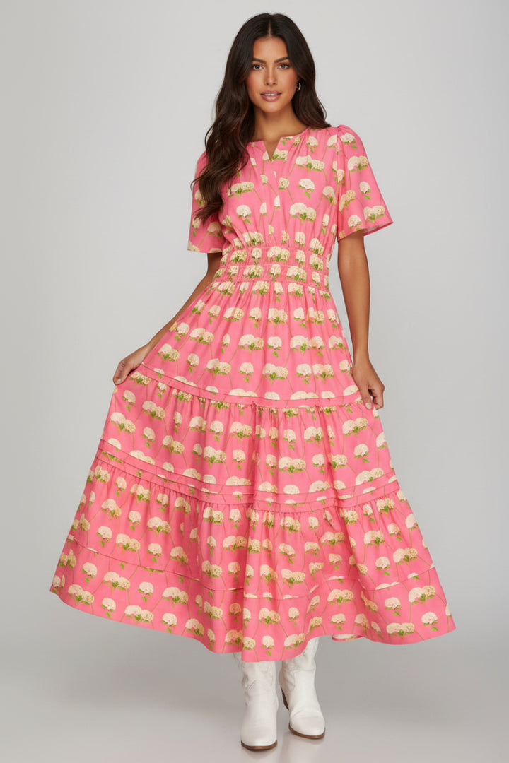 FLORAL PRINT TIERED MIDI DRESS-SKSY9737*