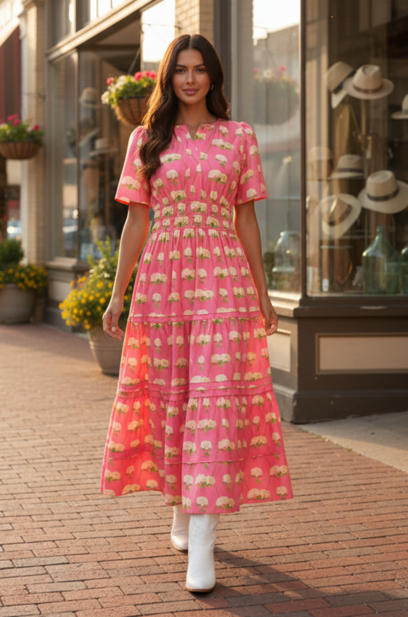 FLORAL PRINT TIERED MIDI DRESS-SKSY9737*