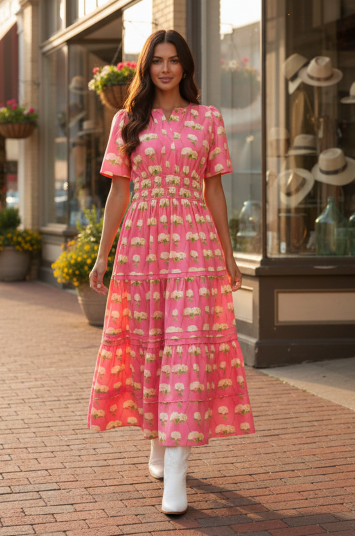 FLORAL PRINT TIERED MIDI DRESS-SKSY9737*