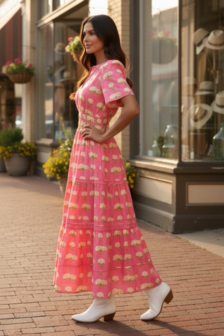 FLORAL PRINT TIERED MIDI DRESS-SKSY9737*