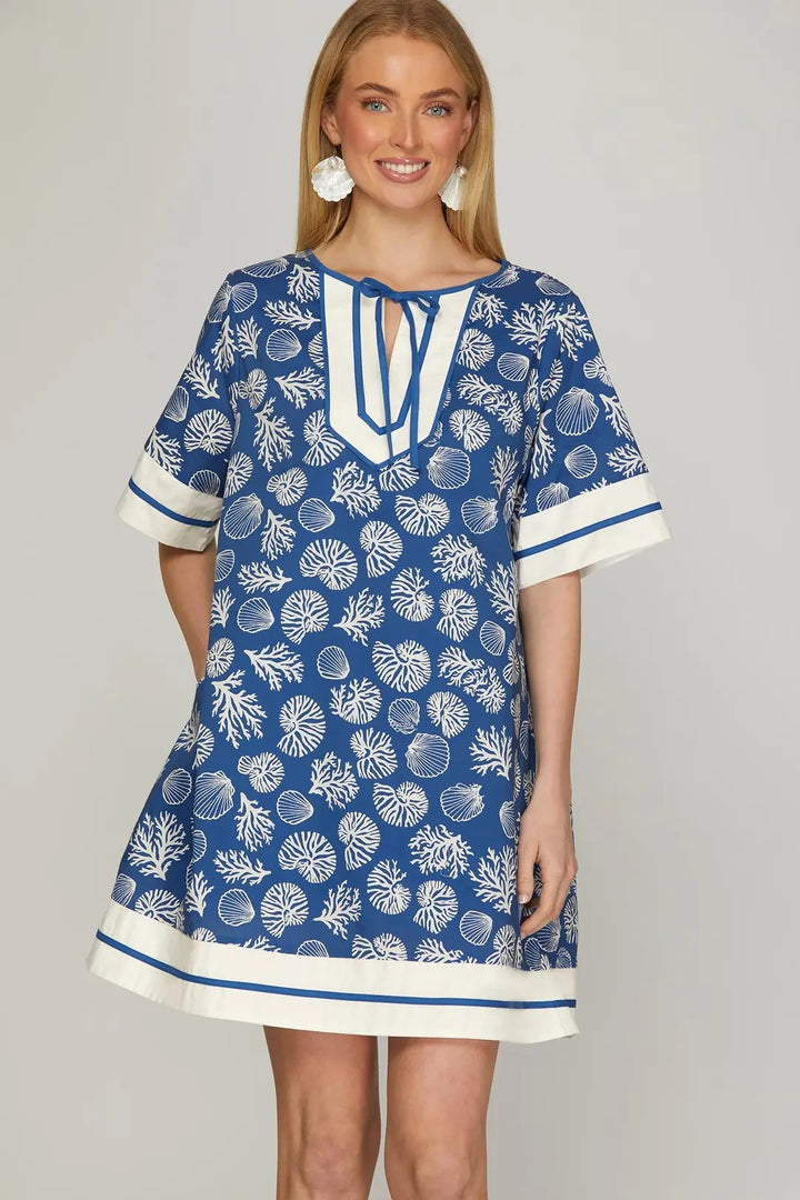 TIE-NECK PRINTED WOVEN WITH POCKETS MINI DRESS SKST1126