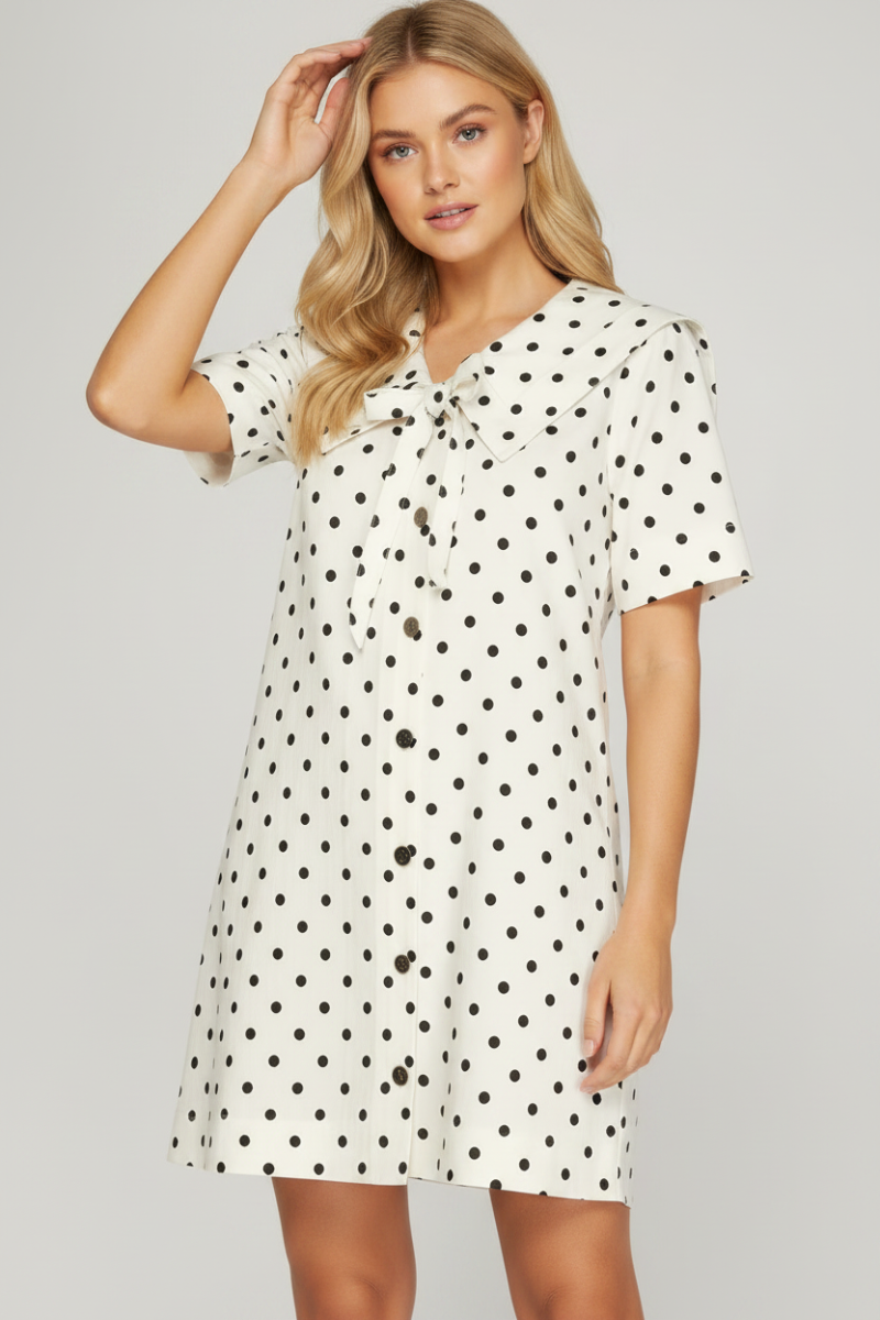 BUTTON DOWN WOVEN POLKADOT MINI DRESS-SKSY9754*