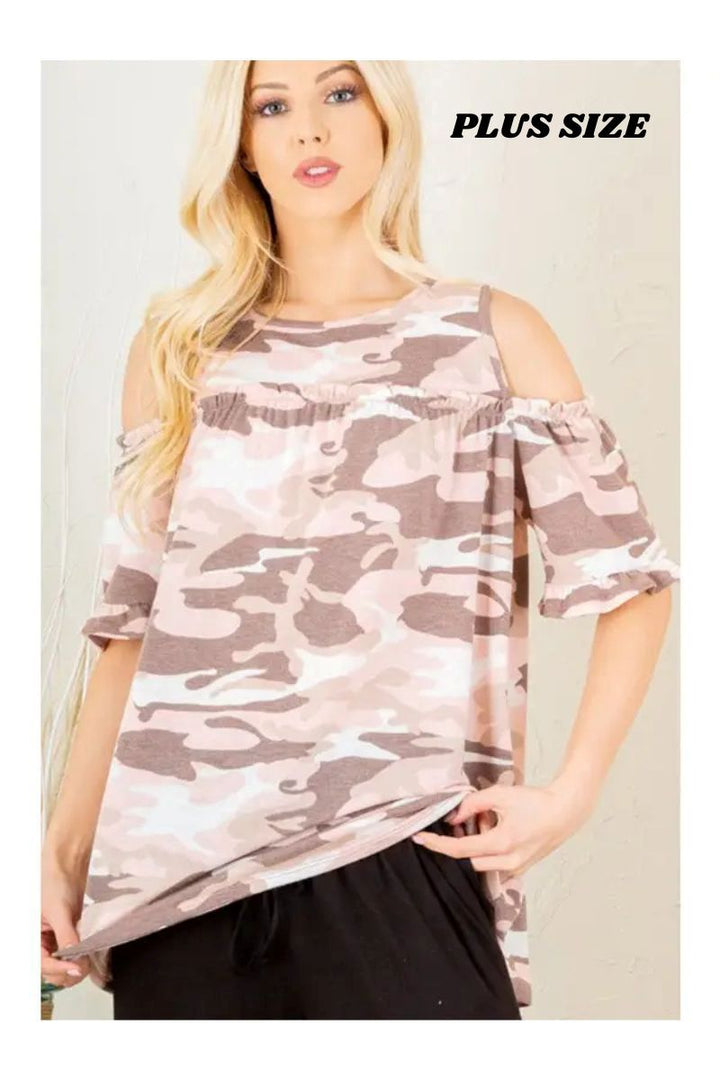 PINK COMO RUFFLED COLD SHOULDER PLUS SIZE TOP HMET6112-16P