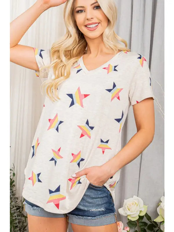 OFF WHITE RAINBOW STARS PRINT SHORT SLEEVES TUNIC TOP HMST1565-13