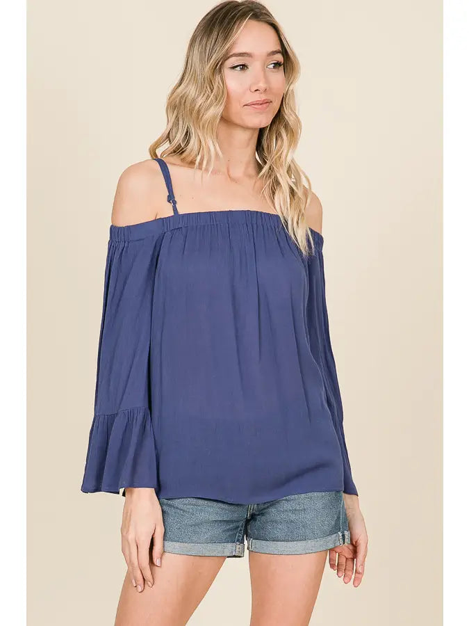 DENIM BLUE OFF SHOULDER LONG RUFFLED SLEEVES WOVEN TOP HMT1102