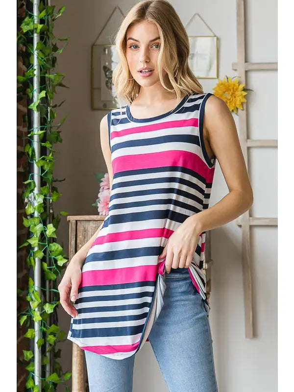 NAVY/FUCHSIA STRIPE SLEEVELESS TUNIC TOP HMST1088-21