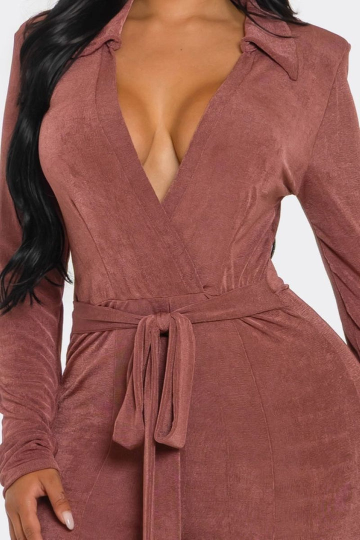 MARSALA V-NECK TIE-WAIST LONG SLEEVES JUMPSUIT SHP9639J