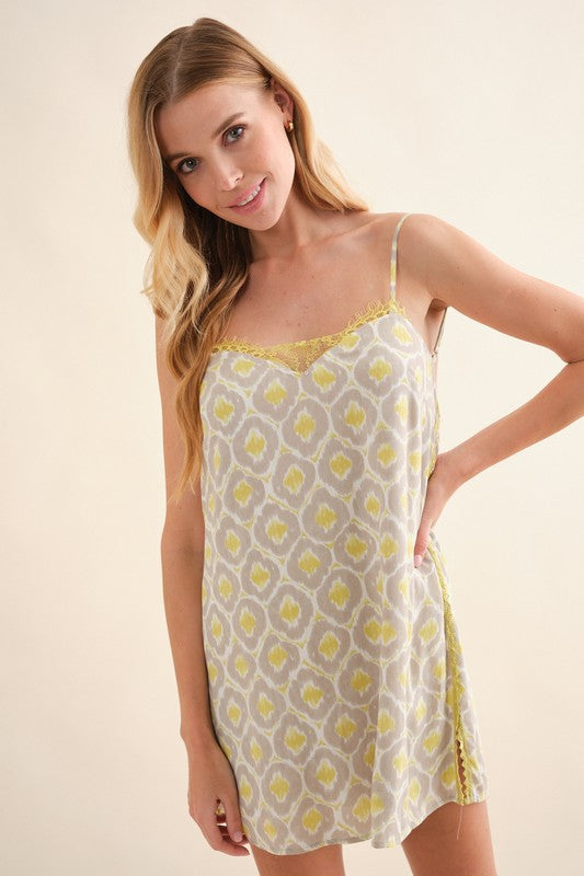 YELLOW FRONT LACE DETAIL SPAGHETTI STRAP OPEN BACK MINI DRESS HYHD0182