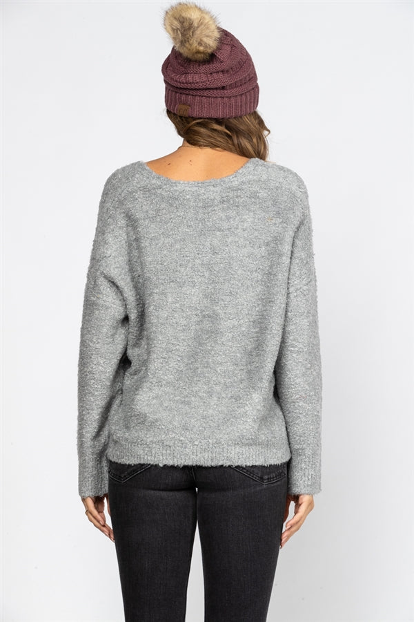 HEATHER GREY  BOUCLE KNIT PULLOVER SWEATER TOP-DZ20H174