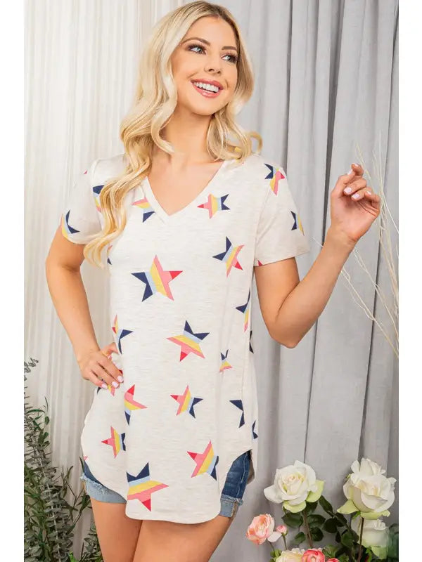 OFF WHITE RAINBOW STARS PRINT SHORT SLEEVES TUNIC TOP HMST1565-13