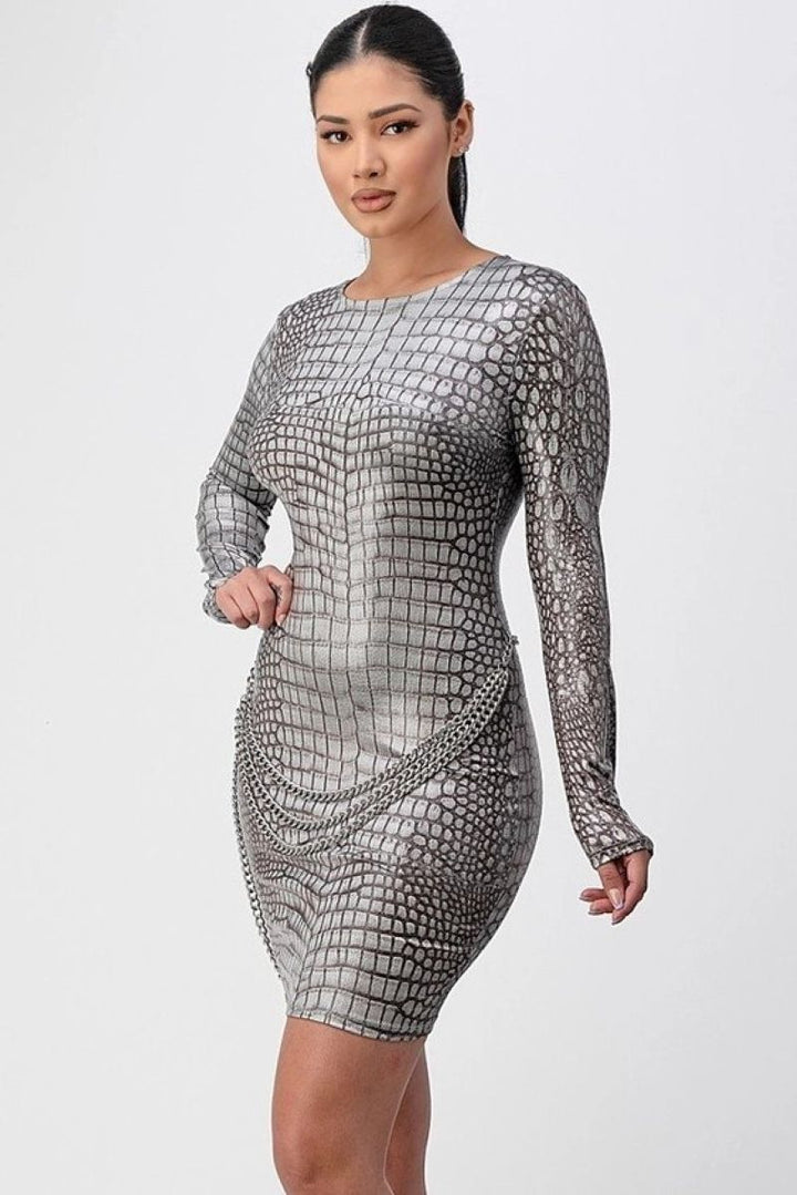 GREY ANIMAL PRINT KEY-HOLE BACK CLOSURE LONG SLEEVES MNI DRESS SHP7463D