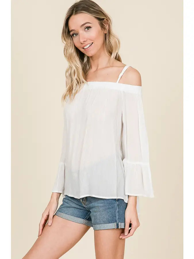 WHITE OFF SHOULDER LONG RUFFLED SLEEVES WOVEN TOP HMT1102