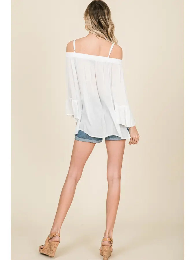 WHITE OFF SHOULDER LONG RUFFLED SLEEVES WOVEN TOP HMT1102