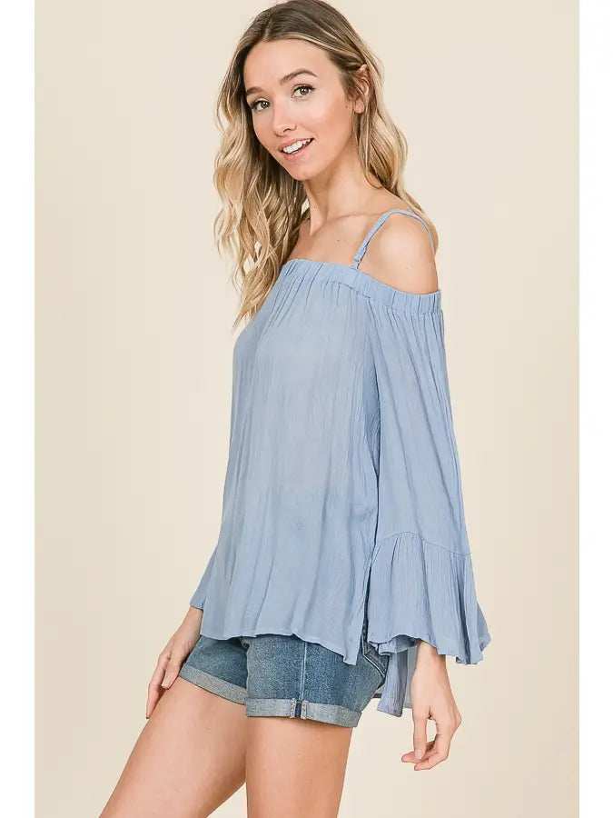 MISTY BLUE OFF SHOULDER LONG RUFFLED SLEEVES WOVEN TOP HMT1102
