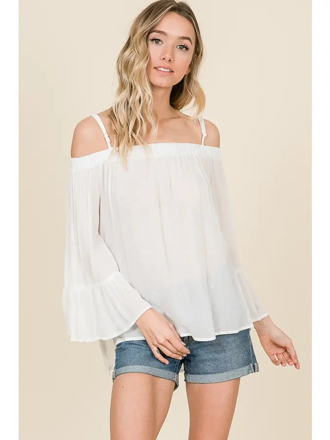 WHITE OFF SHOULDER LONG RUFFLED SLEEVES WOVEN TOP HMT1102