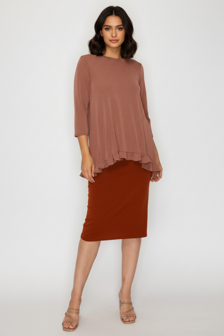 PLUS SIZE TEXTURED 3/4 SLEEVES HI-LO TUNIC TOP
