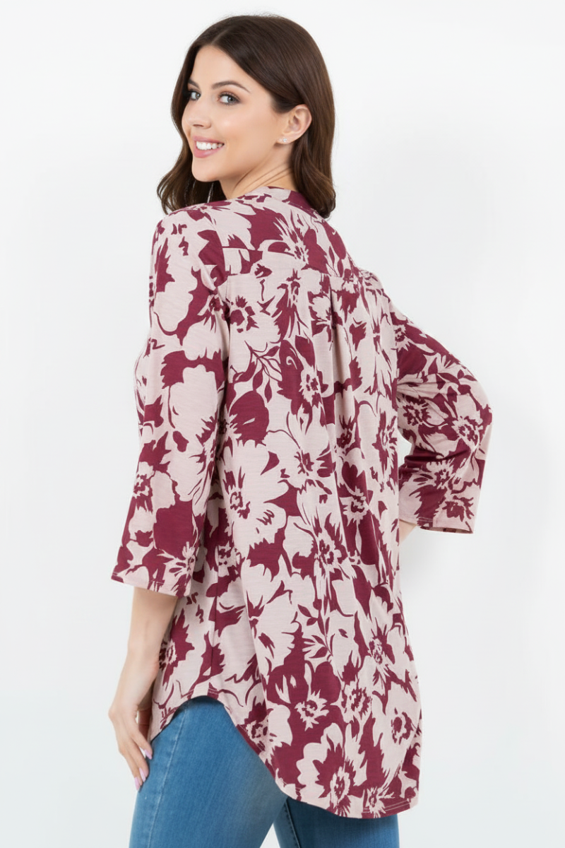 PLUS SIZE FLORAL PRINT V NECK TUNIC TOP-B5787-G