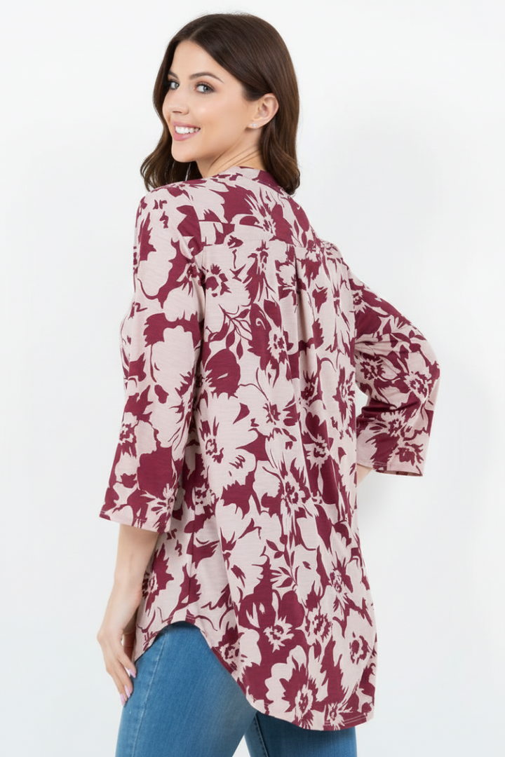 PLUS SIZE FLORAL PRINT V NECK TUNIC TOP-B5787-G