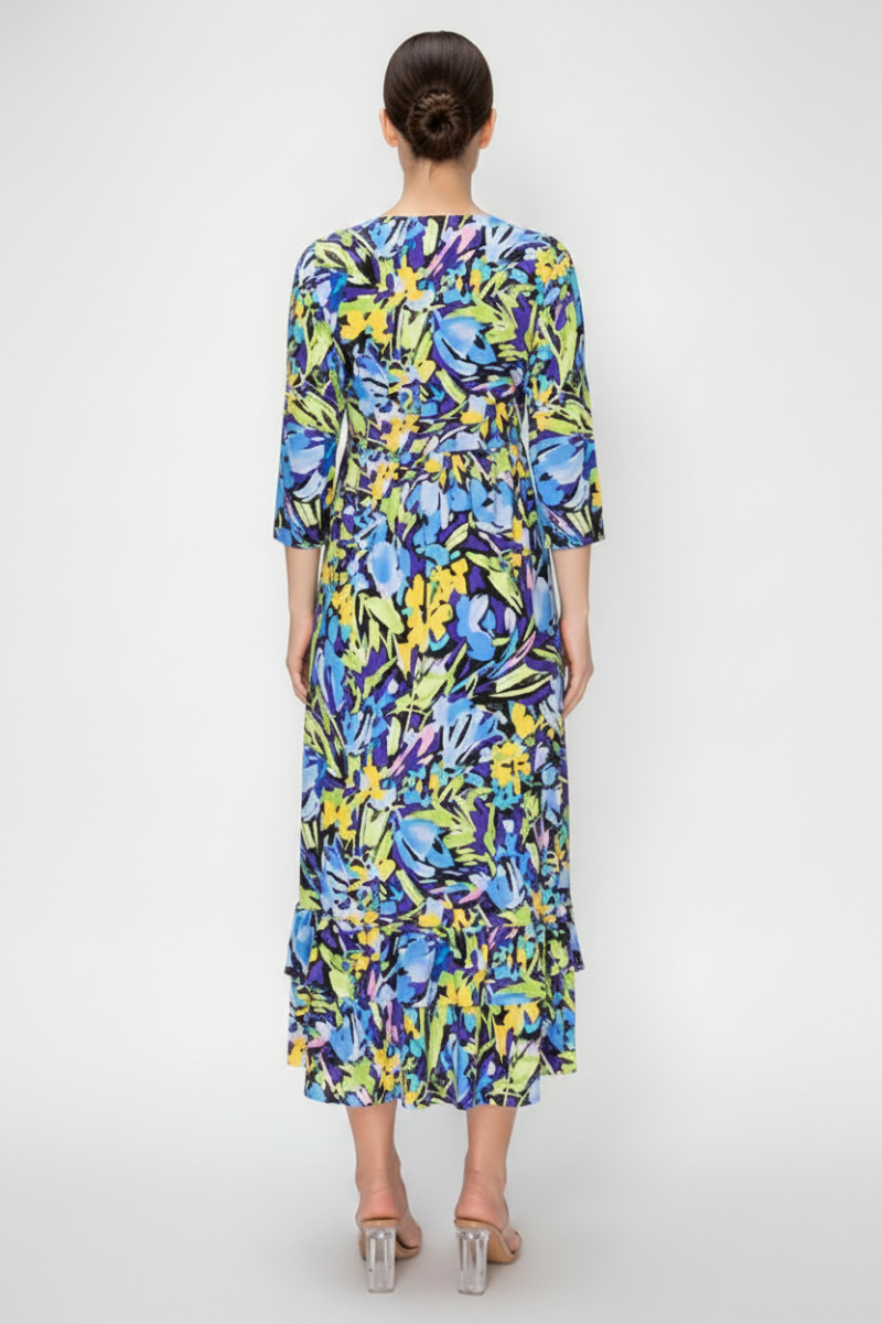 VIBRANT FLORAL MIDI DRESS WITH 3/4 SLEEVES