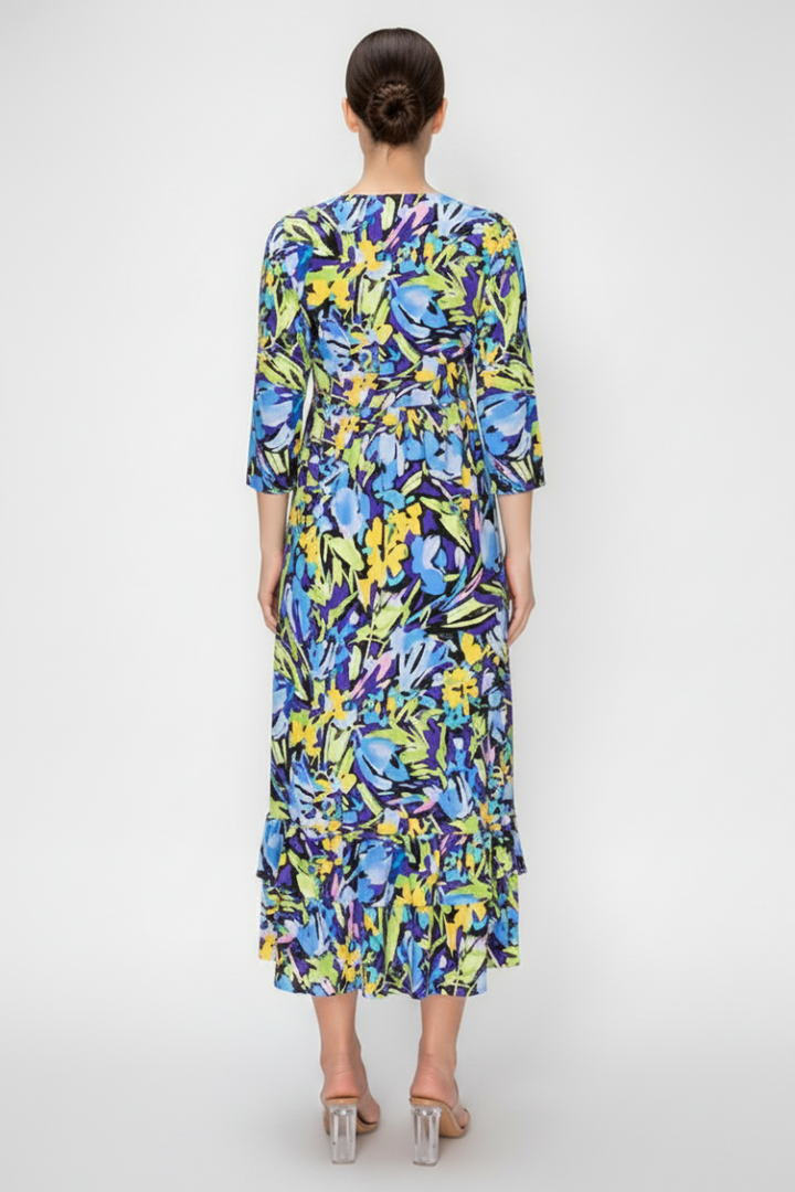 VIBRANT FLORAL MIDI DRESS WITH 3/4 SLEEVES