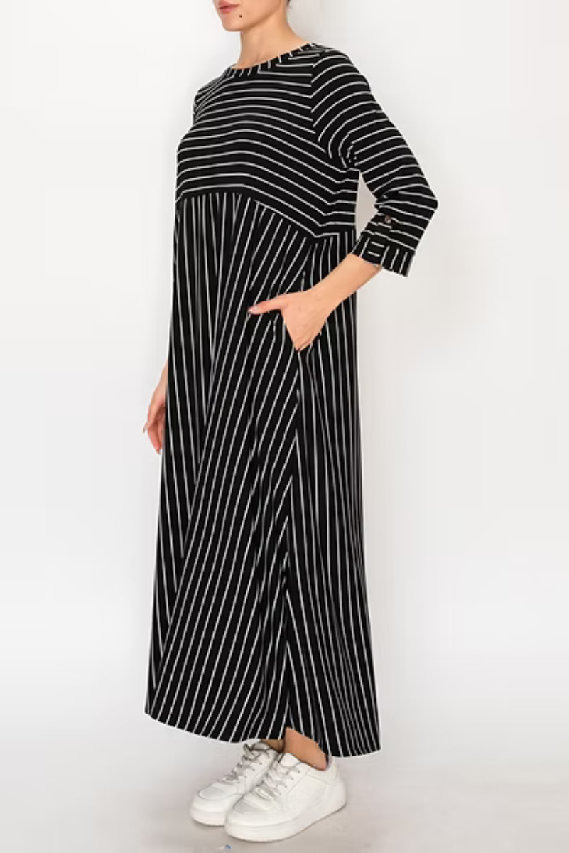 MODEST PLUS SIZE MIDI DRESS FEATURING WHITE VERTICAL STRIPES
