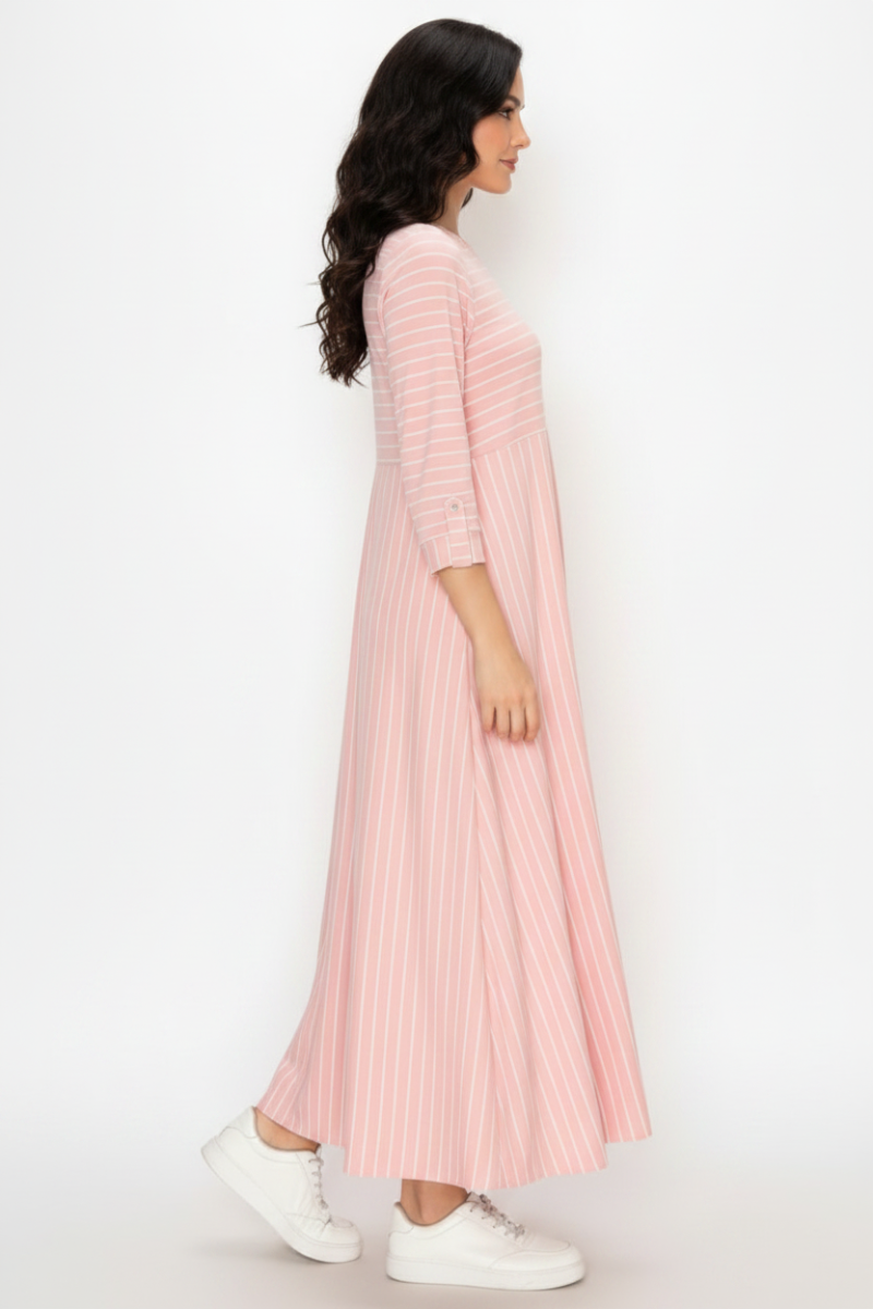 MODEST PLUS SIZE MIDI DRESS FEATURING WHITE VERTICAL STRIPES